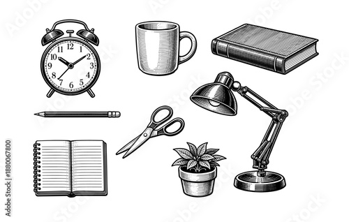 Vintage office essentials: alarm clock, mug, book, pencil, notebook, scissors, lamp, plant
