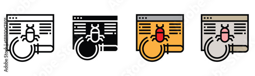 Colorful bug icons on web pages with magnifying glasses