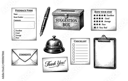 Vintage feedback tools: forms, suggestion box, bell, and clipboards