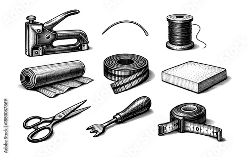 Vintage upholstery tools: staple gun, scissors, needle, thread, tape