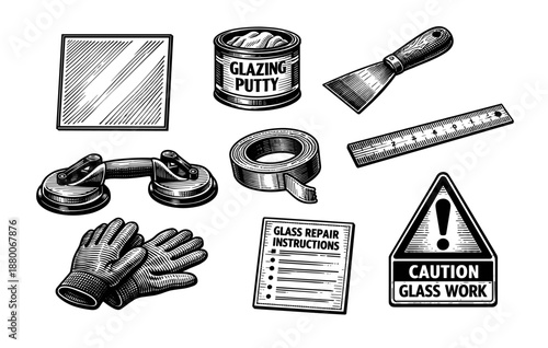 Vintage glass repair tools and supplies illustration