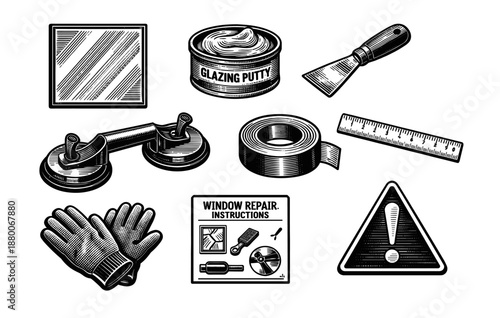 Window repair tools: putty, suction cup, tape, mirror, gloves, ruler, sign