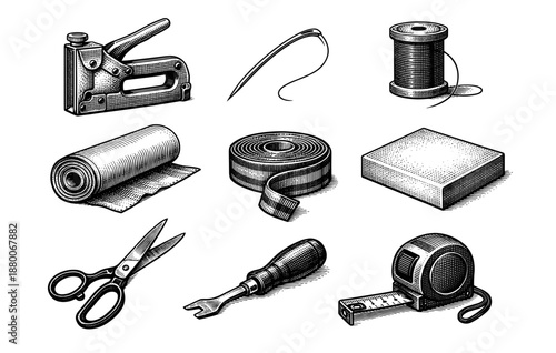 Hand-drawn upholstery tools set with needle, thread, and scissors