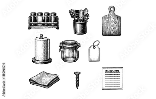 Vintage kitchen utensils set: spice rack, utensils, cutting board, jar, tag, paper towel