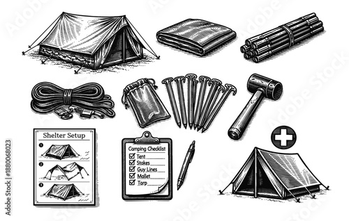 Camping essentials: checklist, tents, stakes, mallet, rope, and tarp gear setup