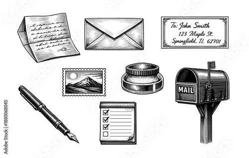 Vintage postal elements including envelope, stamp, fountain pen, mailbox, and writing set