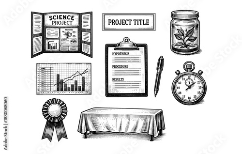 Vintage science fair elements with graphs, jar, stopwatch, and award ribbon