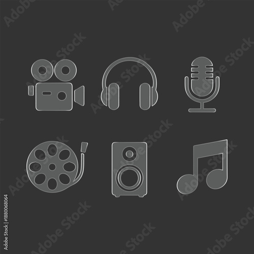 Glassmorphism Multimedia Icon Set with 3D Embossed Effect on Dark Background