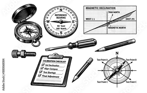 Compass navigation tools with calibration checklist and magnetic declination chart
