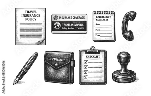 Vintage travel essentials illustrations with insurance and emergency elements