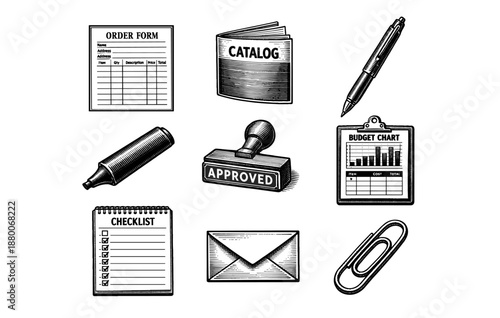 Vintage office supplies collection featuring forms, catalog, stamp, and writing tools