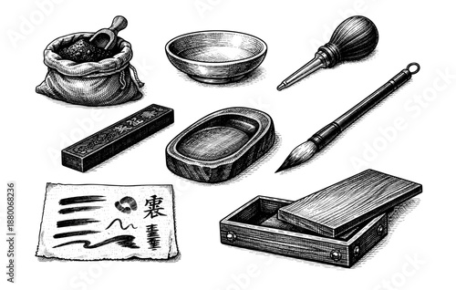 Ancient chinese calligraphy tools and brushes with ink stone and bowl