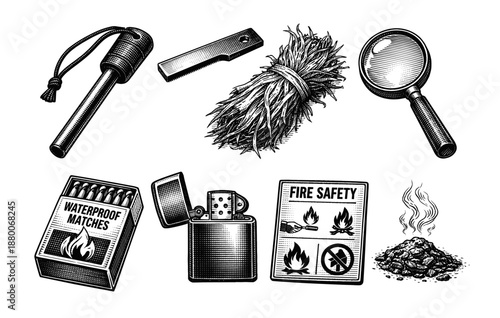 Fire making tools: ferro rod, tinder, lighter, matches, magnifying glass, fire safety, kindling