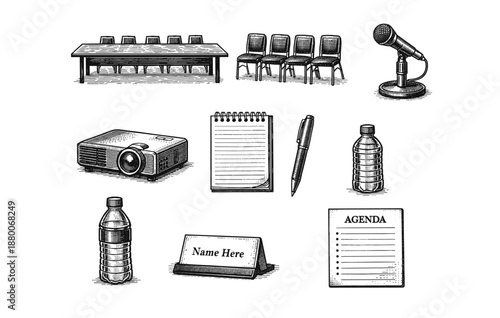 Conference room essentials illustration with microphone, projector, notepad, and chairs
