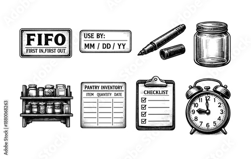Pantry organization elements: fifo, expiration dates, inventory, and time management