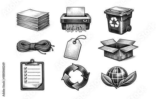 Vintage recycling icons: paper, shredder, bin, rope, tag, box, clipboard, recycle, globe