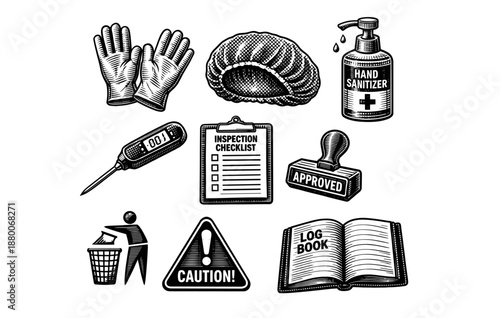 Safety and hygiene icons: gloves, checklist, sanitizer, caution sign, thermometer