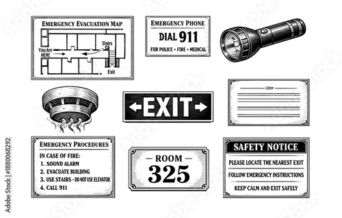 Emergency signs and safety equipment illustrated in black and white
