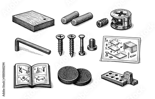 Hand-drawn assembly tools and parts illustration with manual and hardware components