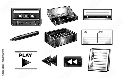 Retro music collection: cassette tapes and accessories with play and rewind symbols