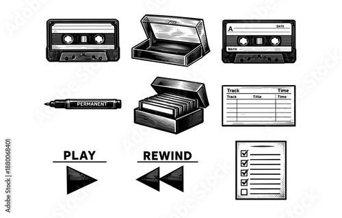 Retro audio objects: cassette tapes, markers, and storage boxes