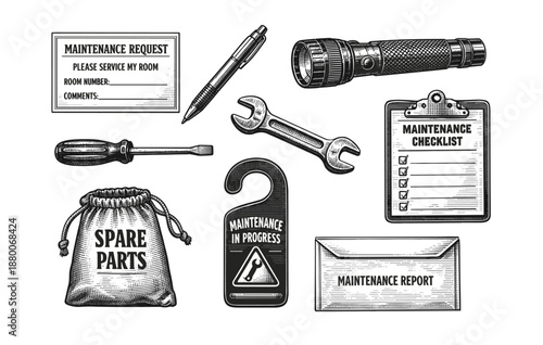 Maintenance tools and signs collection: wrench, flashlight, screwdriver, and spare parts bag