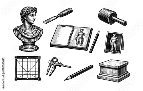 Sketchbook and sculpture tools with bust: art supplies for classical drawing