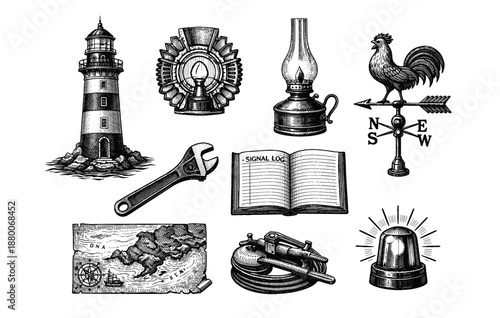 Vintage nautical and mechanical symbols with lighthouse and compass