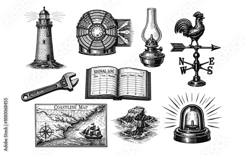 Vintage nautical elements collection with lighthouse, ship, and compass designs