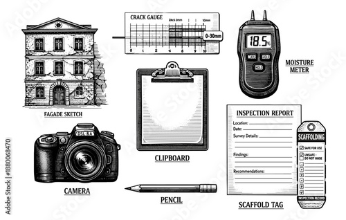 Architecture inspection tools: moisture meter, crack gauge, camera, clipboard, scaffold tag