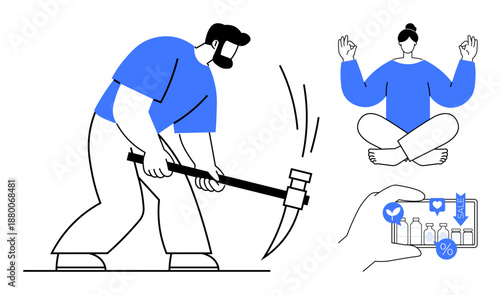 Work ethics, mindfulness, e-commerce, digital technology, productivity, retail trends. A man using a pickaxe, a meditating woman and a hand holding a phone purchases. Work ethics and mindfulness