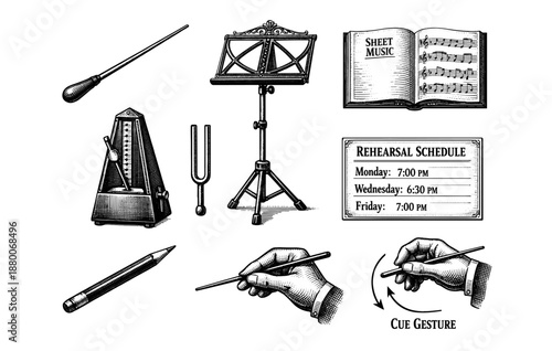 Vintage music tools: metronome, sheet music, tuning fork, stand, conductor baton, schedule