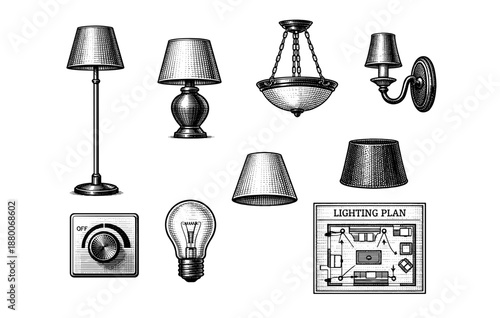 Vintage lighting elements: floor lamp, chandelier, wall sconce, bulb, dimmer, lighting plan