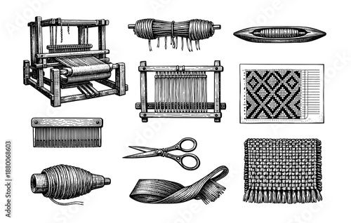 Vintage weaving tools and patterns set in black and white