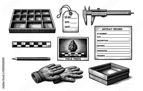 Archaeological tools and artifact record with documented measurements and field photo