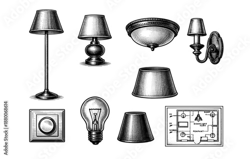 Vintage lighting elements with lamp shades and electrical components