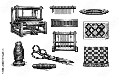 Vintage weaving tools and patterns: loom, shuttle, thread, and scissors illustration