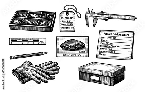 Archaeological tools and artifacts: illustration of gloves, caliper, stone tool, and cataloging items