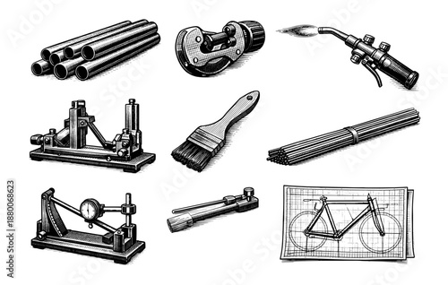 Vintage bicycle manufacturing tools and components illustration
