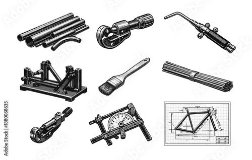 Detailed illustration of bicycle components and tools for metalwork enthusiasts