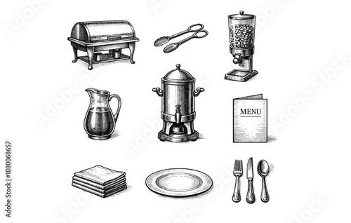 Vintage buffet set: chafing dish, coffee urn, cutlery, menu, and serving items illustration
