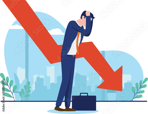 Recession and money loss - Sad man holding hands on head in despair over falling economy. Flat design vector illustration with white background