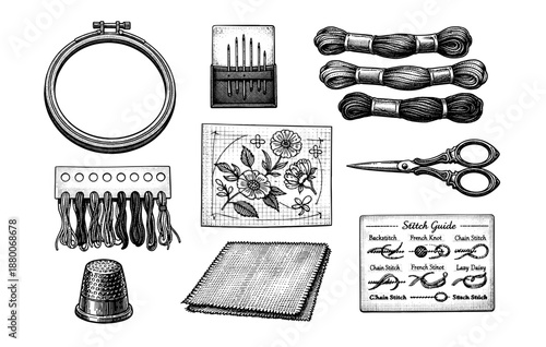 Vintage embroidery tools and supplies: thimble, scissors, threads, stitch guide, needles