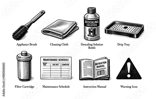Coffee machine maintenance tools: brush, cloth, solution, tray, cartridge, schedule, manual, warning