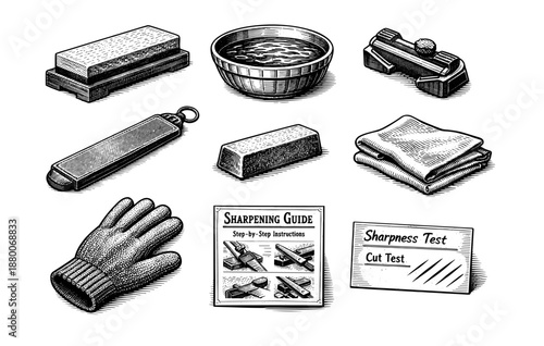 Knife sharpening tools and accessories with sharpening guide and cut test