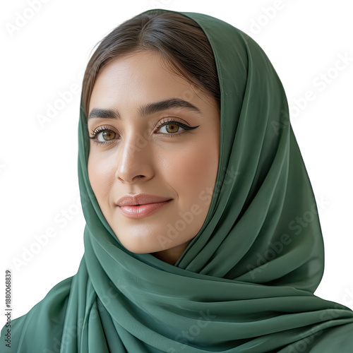 Woman in green hijab isolated on transparent background