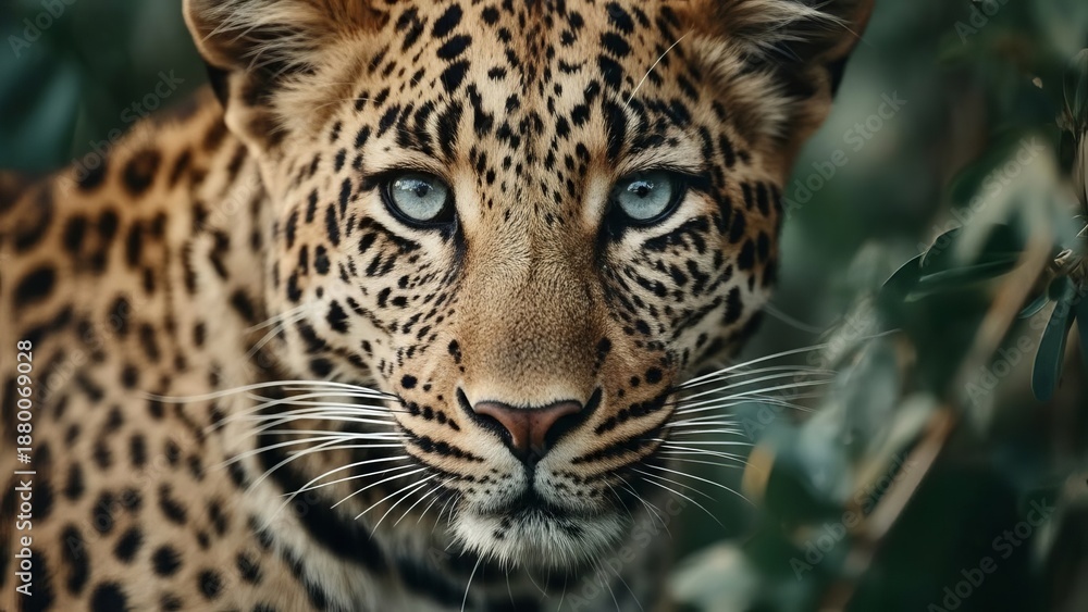 Fototapeta premium Intense blue eyes of a majestic leopard peering through lush green foliage.