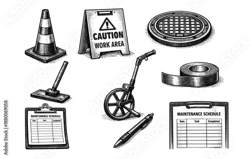 Construction tools and signs: traffic cone, caution sign, manhole cover, and more