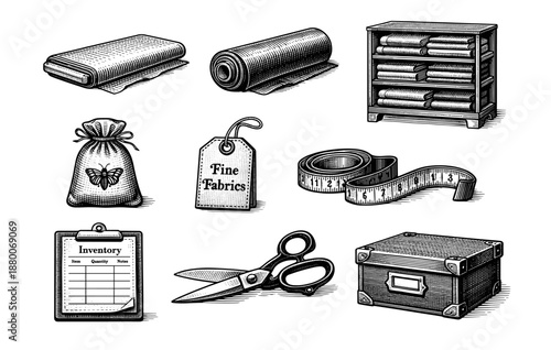 Vintage textile tools and materials: fabrics, scissors, and measuring tape illustration