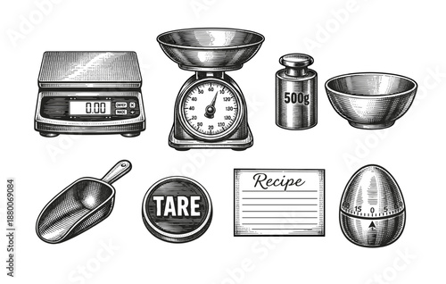 Vintage kitchen tools: scales, weights, timer, scoop bowl, recipe card